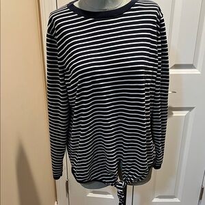 Talbots Navy and White Striped Jersey Tie Front top
